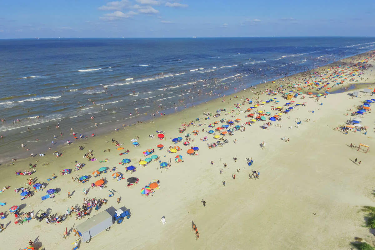 The Galveston shoreline on sunny summer day.