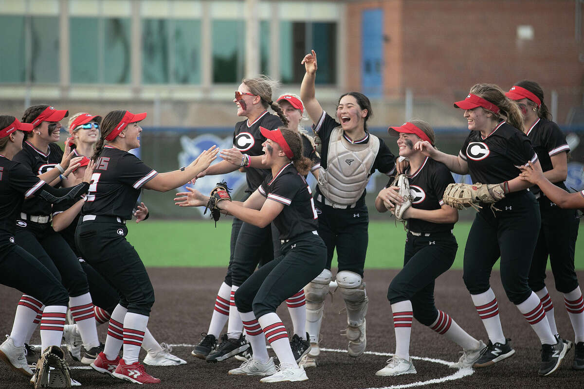 Cheshire Rams celebrate after defeating North Haven 7-2 in the SCC softball championship at West Haven High School in West Haven, Conn., Thursday, May 23, 2024.