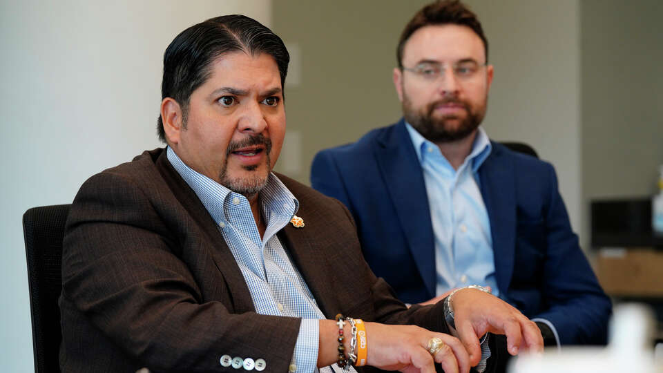 CPS Energy President and CEO Rudy Garza speaks during a recent meeting with the Express-News Editorial Board. Chief Financial Officer Cory Kuchinsky is with him.