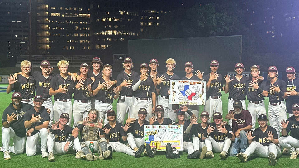 Magnolia West poses after defeating Santa Fe 9-3 in Game 2 of a Region III-5A semifinal series at Reckling Park on the campus of Rice University on Thursday night to advance to the Region III-6A final.