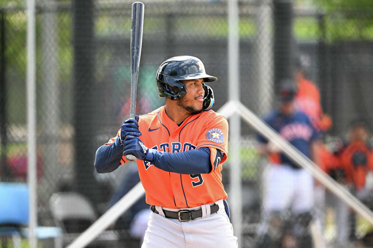 Pedro Leon of the Houston Astros bats during a minor league spring training game against the New York Mets at The Ballpark of the Palm Beaches on March 18, 2023 in West Palm Beach, Florida. 