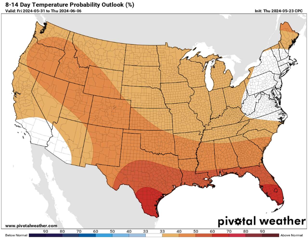 Most of the United States will be warmer-than-normal through the first weekend of June., according to the 8-14 day outlook from the Climate Prediction Center.