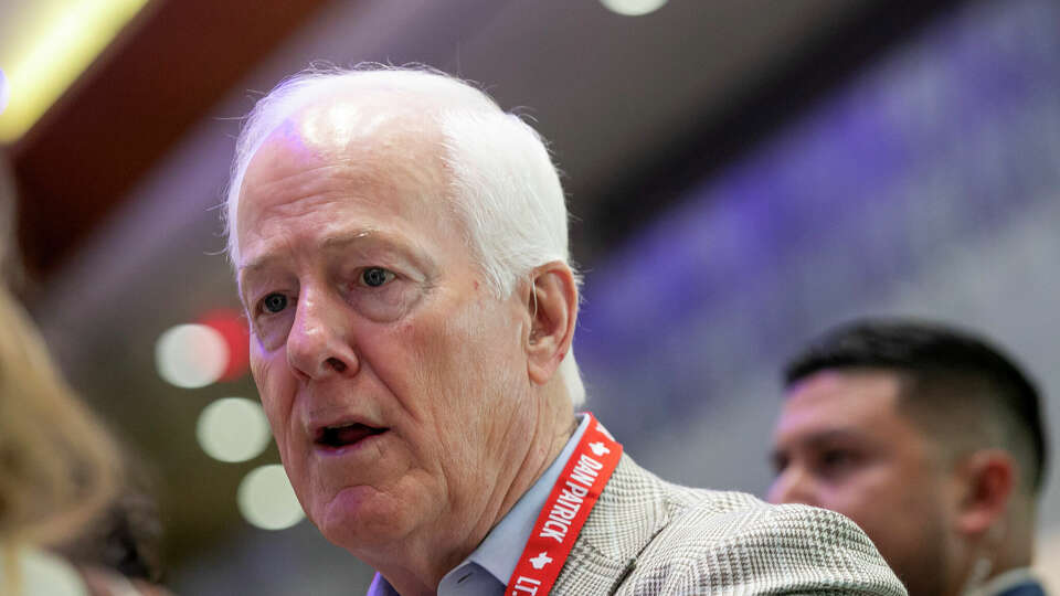 United States Senator John Cornyn speaks with reporters during the Texas GOP convention at Henry B. Gonzalez Convention Center on Friday, May 24, 2024, in San Antonio, Texas.