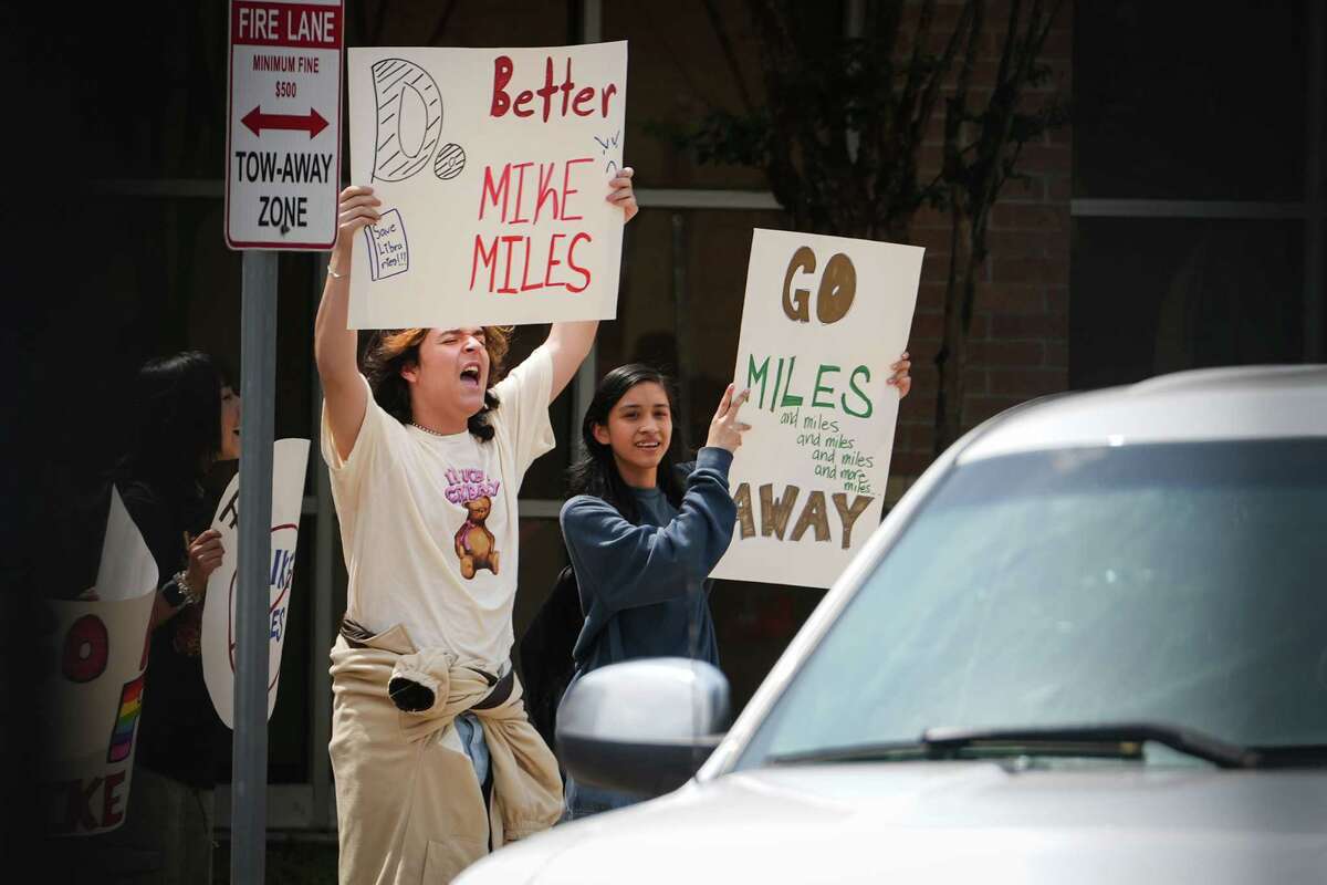 A group of about six students protest against Houston Independent School District Superintendent Mike Miles on Friday, May 24, 2024, at Cesar Chavez High School in Houston.