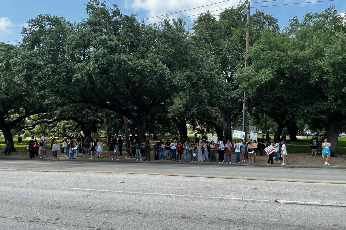 Students outside the Houston Academy for International Studies (HAIS).