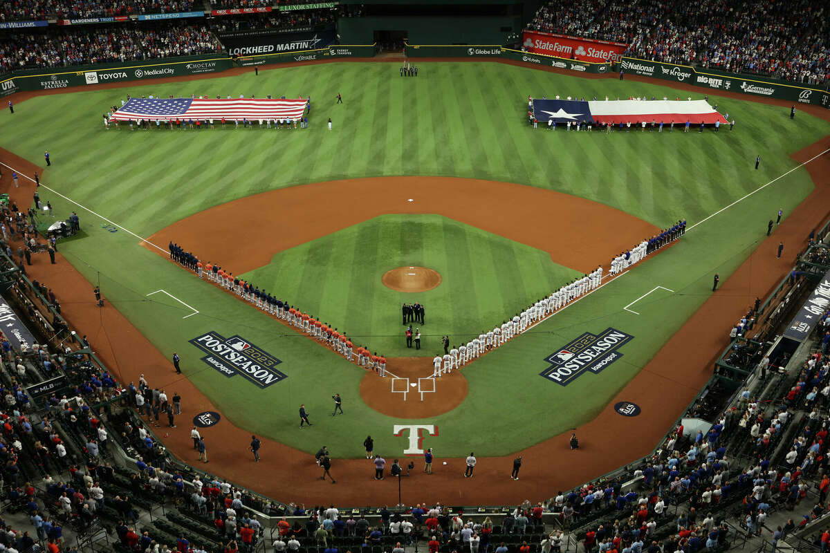 A general view of the field before the game between the Texas Rangers and the Houston Astros during Game 3 of the ALCS between the Houston Astros and the Texas Rangers at Globe Life Field on Wednesday, October 18, 2023 in Arlington, Texas. 