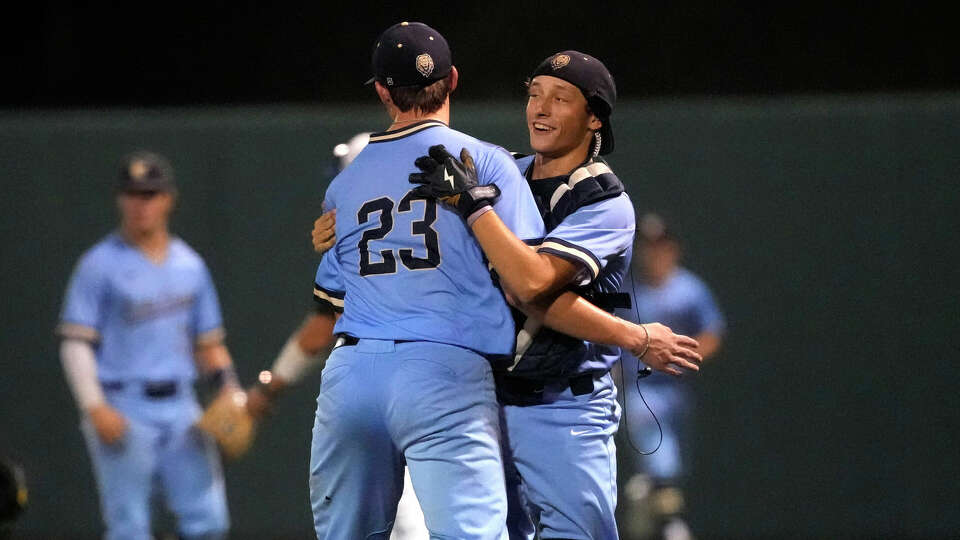 Lake Creek relief pitcher Parker Smith (23) celebrates their 6-4 win over Friendswood after game two of the Region III-5A semifinal high school baseball game at Cypress Falls High School on Friday, May 24, 2024, in Houston.