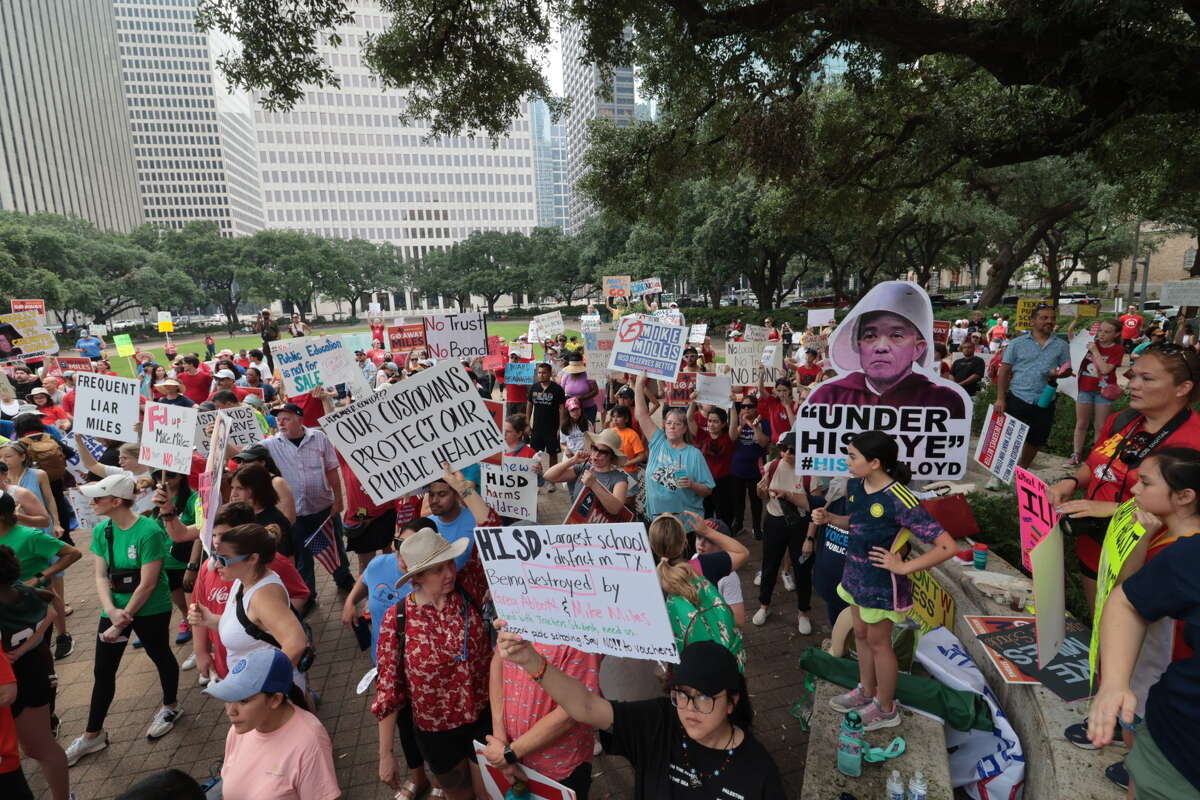 Roughly 600 protestors filled City Hall in Houston on Saturday May 25 to protest Houston ISD Superintendent Mike Miles. 