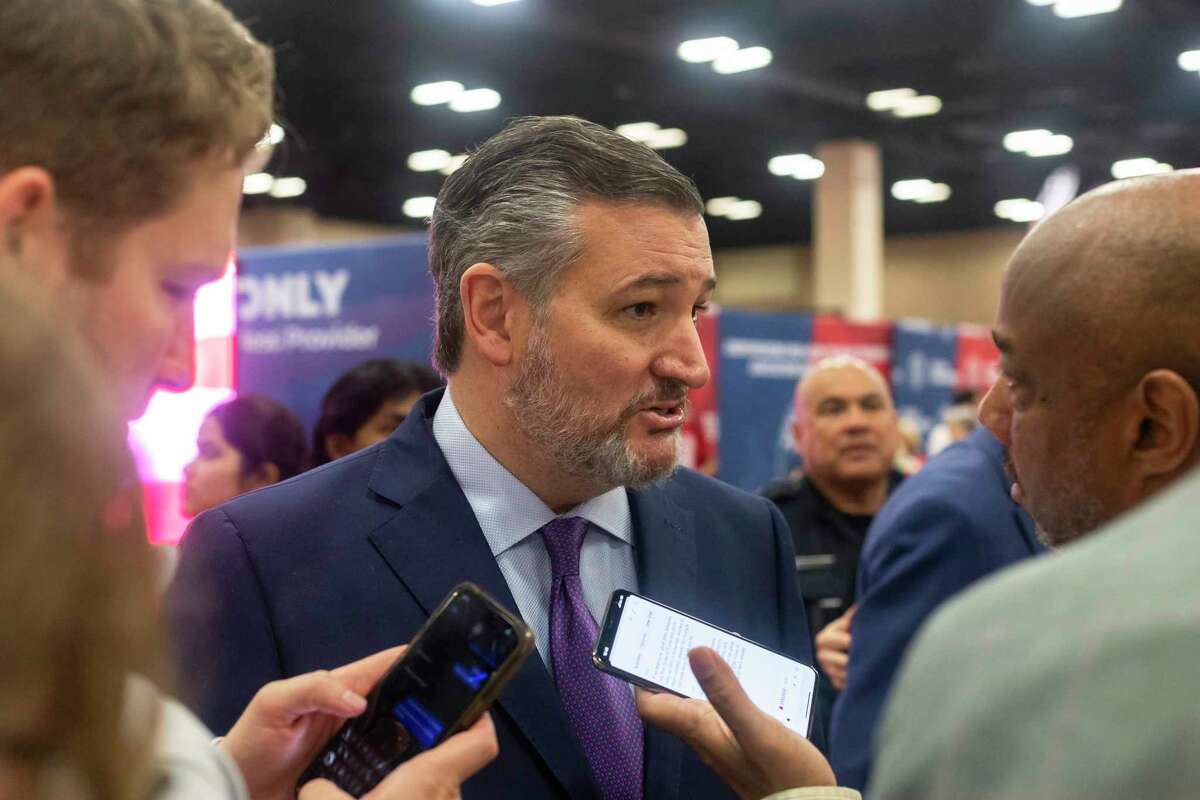 Senator Ted Cruz talks to reporters at the Texas GOP Convention at Henry B. Gonzalez Convention Center on Saturday, May 25, 2024 in San Antonio.