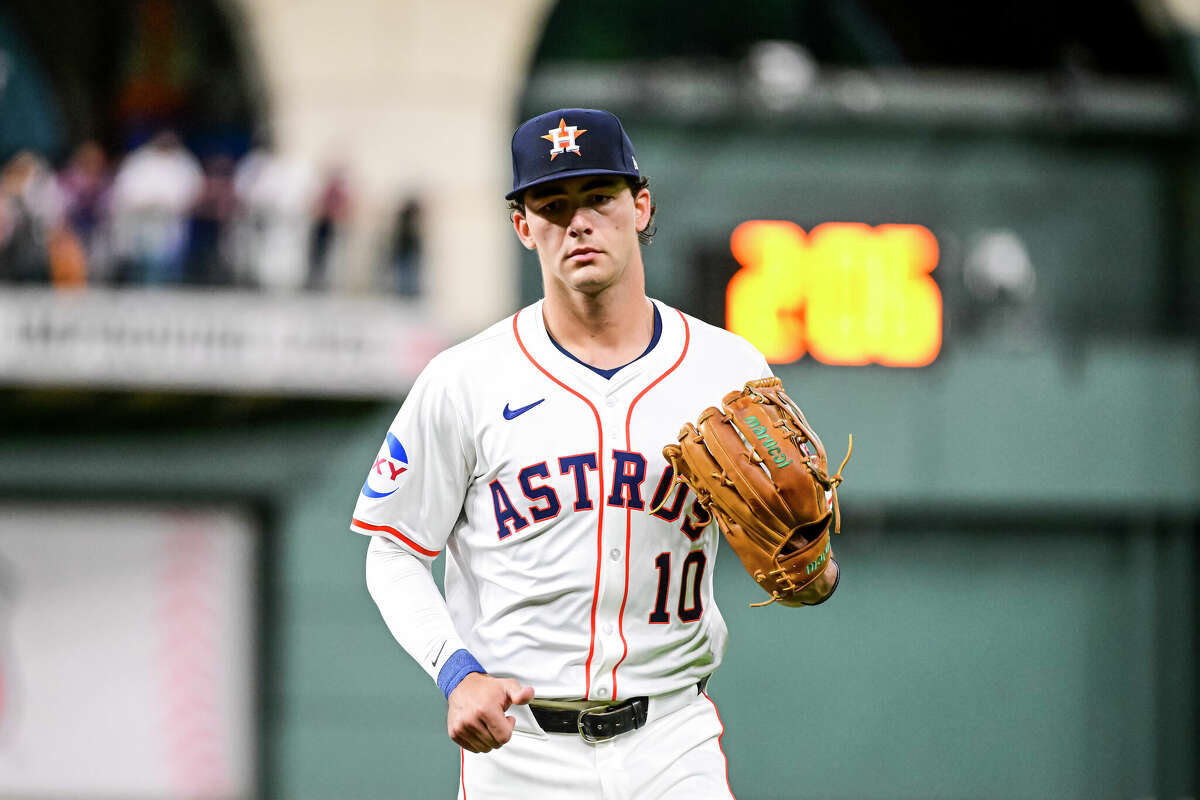 Joey Loperfido #10 of the Houston Astros runs to the dugout at the end of the second inning against the Cleveland Guardians at Minute Maid Park on April 30, 2024 in Houston, Texas. 