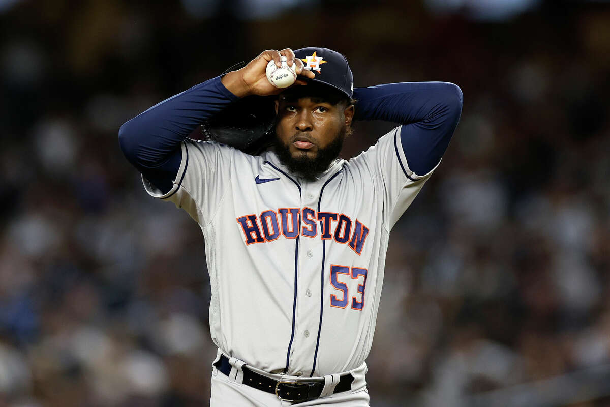 Cristian Javier #53 of the Houston Astros reacts against the New York Yankees during the third inning at Yankee Stadium on August 3, 2023 in New York City. 