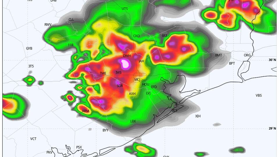 Shown is the High Resolution Rapid Refresh model's depiction of future radar Tuesday afternoon in the Houston area. Damaging winds and large hail are possible with storms that develop through Tuesday afternoon. A second round of strong storms could sweep into the Houston area late Tuesday night.