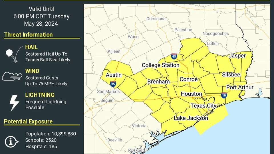 Shown is the severe thunderstorm watch that covers the Houston area through Tuesday afternoon. Storms will be capable of producing 75 mph wind gusts and tennis ball-sized hail. 