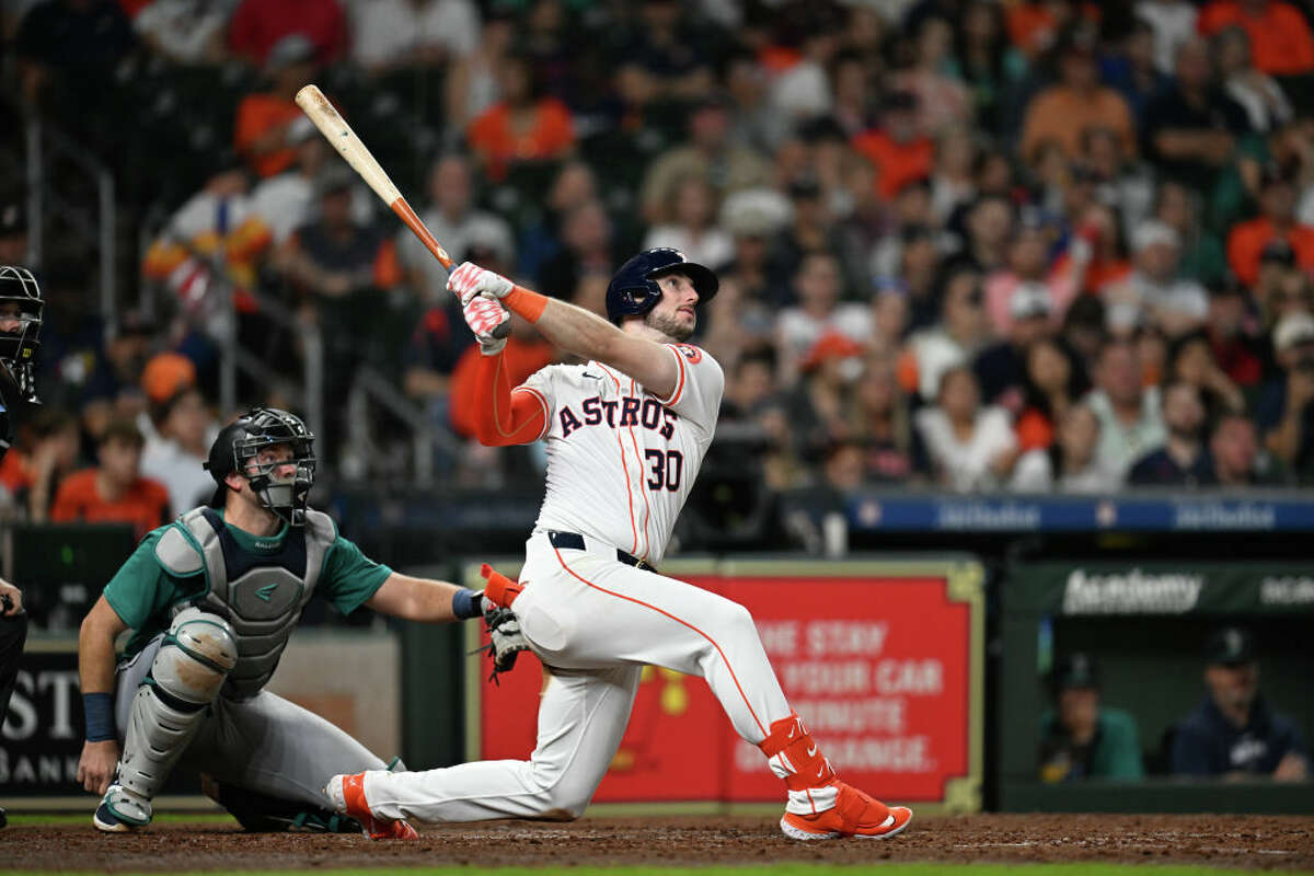 Kyle Tucker #30 of the Houston Astros hits a two-run home run against the Seattle Mariners at Minute Maid Park on May 05, 2024 in Houston, Texas.