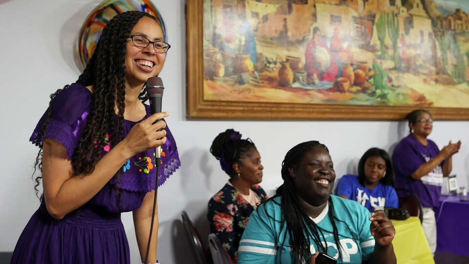 incumbent County Commissioner Rebecca Clay-Flores declares victory at her watch party after early voting results were released for the Democratic primary runoff to determine the Precinct 1 nominee at The Arizona Cafe, 1111 S. General McMullen Drive, on Tuesday, May 28, 2024.