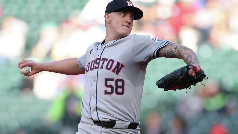 SEATTLE, WASHINGTON - MAY 28: Hunter Brown #58 of the Houston Astros pitches during the first inning against the Seattle Mariners at T-Mobile Park on May 28, 2024 in Seattle, Washington.