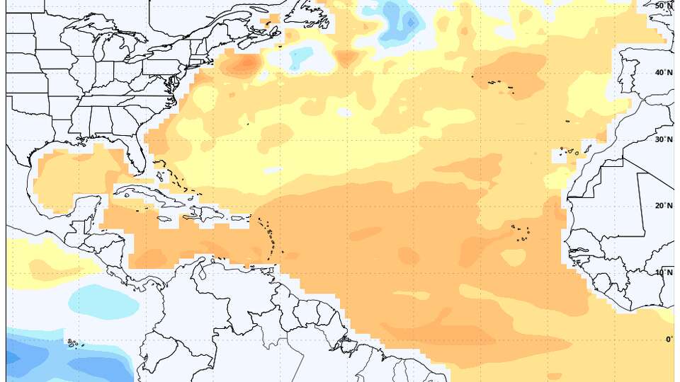 Shown are anomalies in sea surface temperatures across the Atlantic basin between July and September, according to the European forecast model. Temperatures across the Main Development Region of the Atlantic, which extends from the Yucatán Peninsula to the Cabo Verde Islands off the coast of Africa, are expected to be several degrees above the baseline temperature in this area.