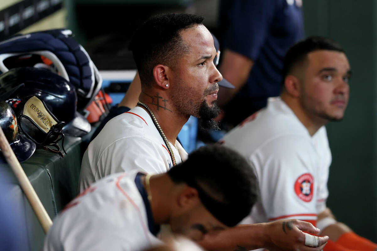 Jose Abreu #79 of the Houston Astros sits on the bench in the seventh inning against the Texas Rangers at Minute Maid Park on April 13, 2024 in Houston, Texas. 