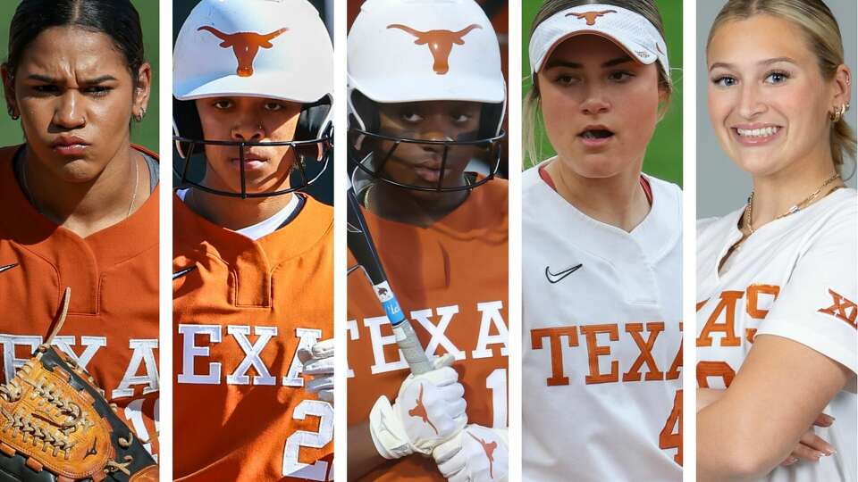 Mia Scott (from left), Kayden Henry, Victoria Hunter, Katie Cimusz and Sophia Simpson are all former Houston area high school stars on Texas' Women's College World Series roster.