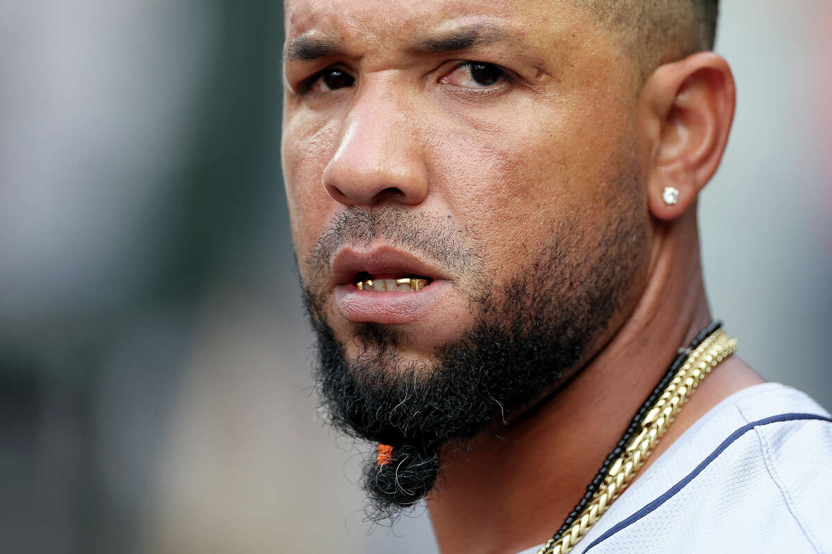 SEATTLE, WASHINGTON - MAY 27: JosÃ© Abreu #79 of the Houston Astros looks on during the game against the Seattle Mariners at T-Mobile Park on May 27, 2024 in Seattle, Washington. (Photo by Steph Chambers/Getty Images)