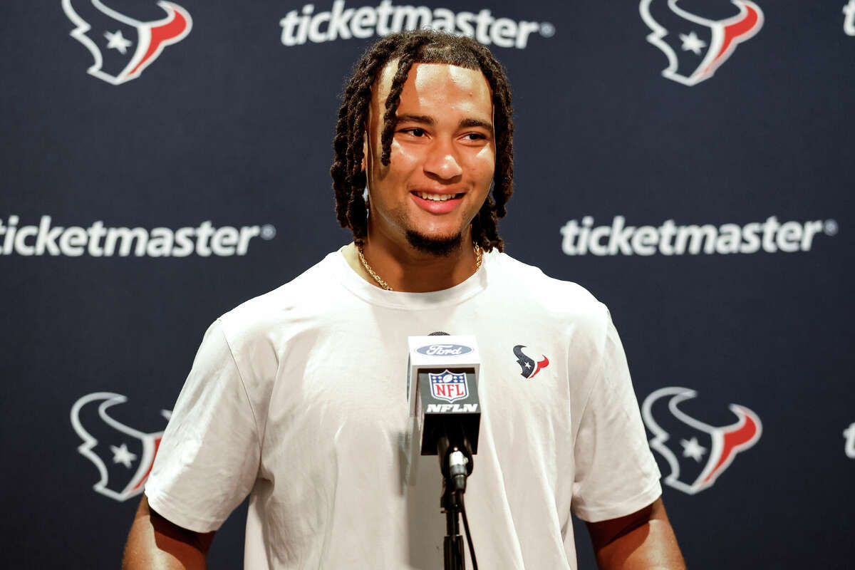 C.J. Stroud #7 of the Houston Texans talks with the media during the post game press conference against the Jacksonville Jaguars at EverBank Stadium on September 24, 2023 in Jacksonville, Florida. The Texans defeated the Jaguars 37 to 17. 