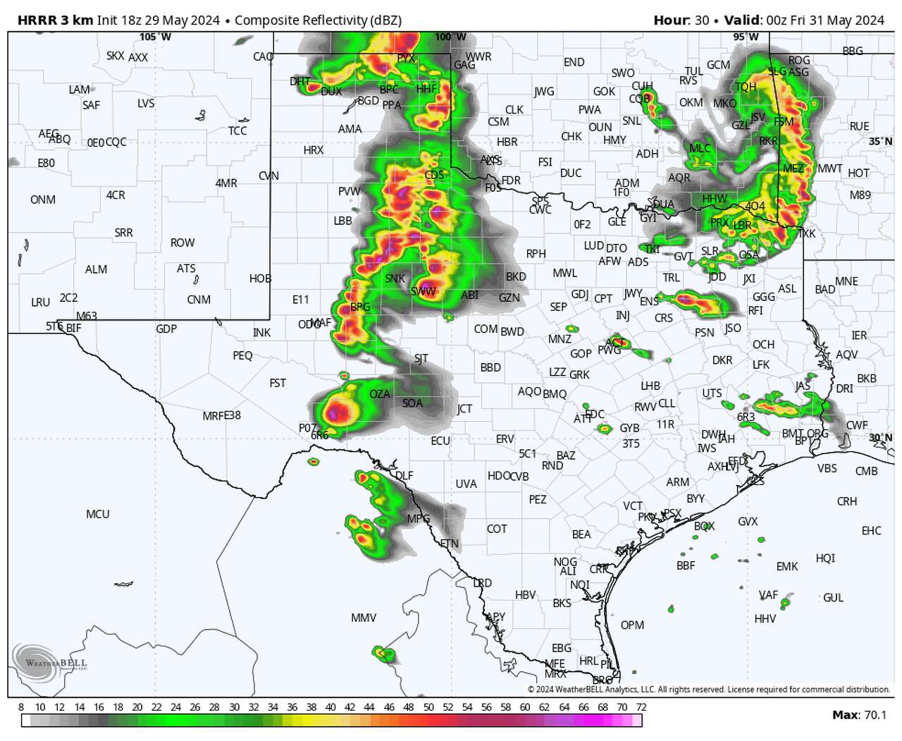 Shown is the depiction of future radar Thursday evening in Texas, according to the High Resolution Rapid Refresh model. Storms develop first in the Panhandle and North Texas, bringing the risk of large hail in excess of 2 inches in diameter and damaging winds. From there, storms could push into Houston overnight Thursday.