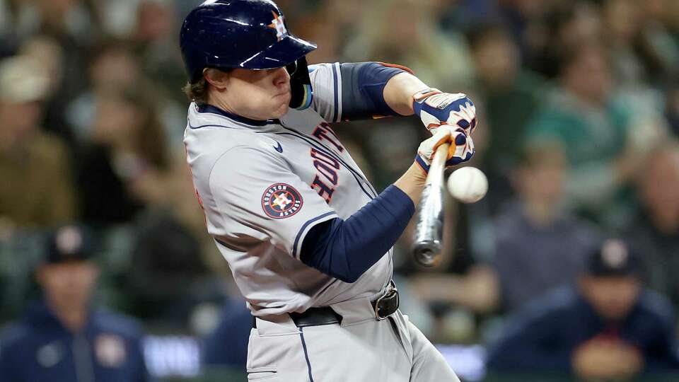 SEATTLE, WASHINGTON - MAY 29: Jake Meyers #6 of the Houston Astros hits an RBI single during the fourth inning Mariners at T-Mobile Park on May 29, 2024 in Seattle, Washington.