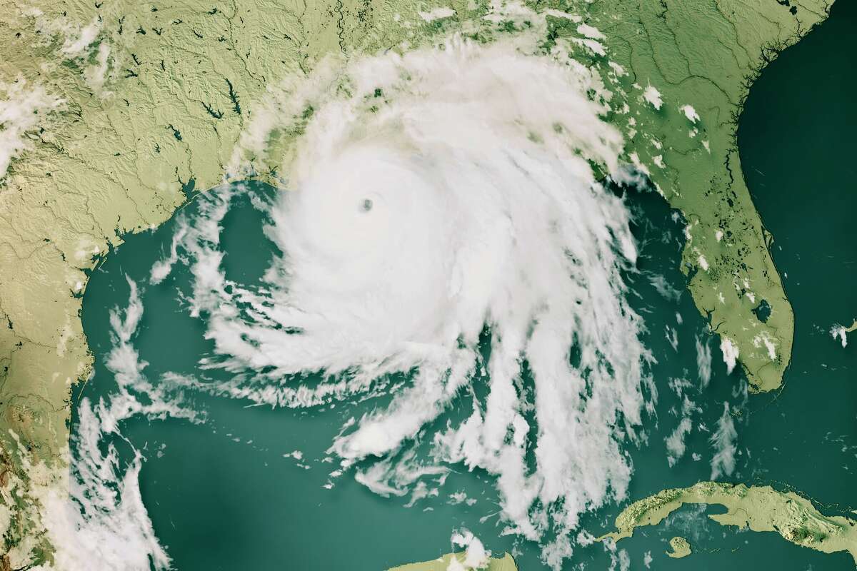 3D Render of a Topographic Map of the Gulf of Mexico with the clouds from August 29, 2021. Category 4 Major Hurricane Ida near the US State of Louisiana. All source data is in the public domain. Cloud texture: VIIRS, SNPP courtesy of NASA. https://neo.gsfc.nasa.gov/view.php?datasetId=VIIRS_543D Color texture: Made with Natural Earth. http://www.naturalearthdata.com/downloads/10m-raster-data/10m-cross-blend-hypso/ Relief texture: SRTM data courtesy of NASA JPL (2020). https://e4ftl01.cr.usgs.gov//DP133/SRTM/SRTMGL3.003/2000.02.11 Water texture: SRTM Water Body SWDB: https://dds.cr.usgs.gov/srtm/version2_1/SWBD/