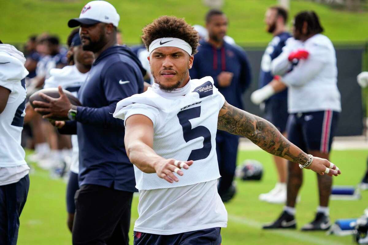 Houston Texans safety Jalen Pitre warms up during an NFL football OTA practice on Thursday, May 30, 2024, at Houston Methodist Training Center in Houston.