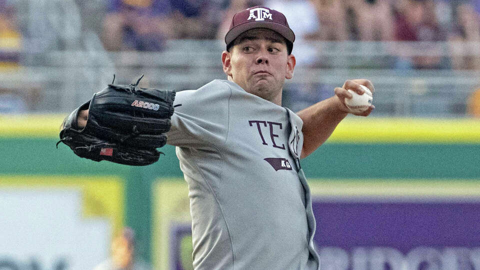 Texas A&M starting pitcher Ryan Prager (18) throws against LSU during an NCAA college baseball game, Friday, May 3, 2024, at Alex Box Stadium on the campus of LSU in Baton Rouge, La. (Hilary Scheinuk/The Advocate via AP)