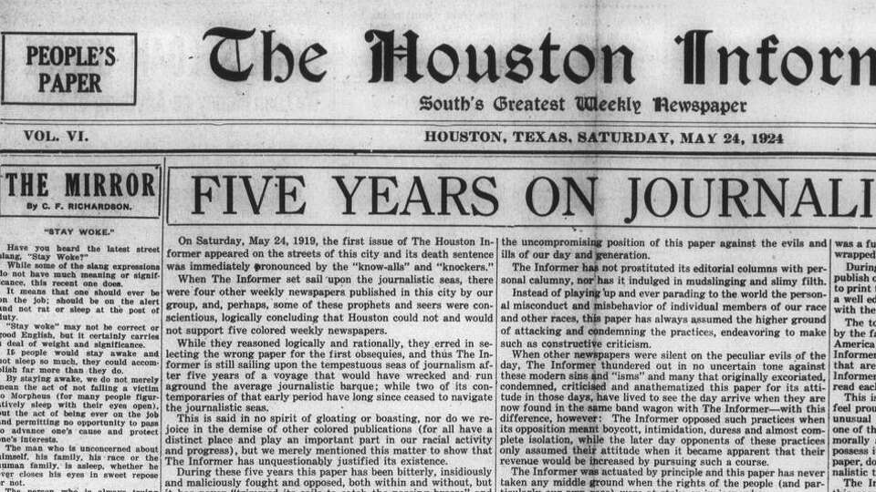 At far left, 'Stay Woke' is the headline of Houston Informer editor C.F. Richardson's column for the May 24, 1924 edition of the paper.