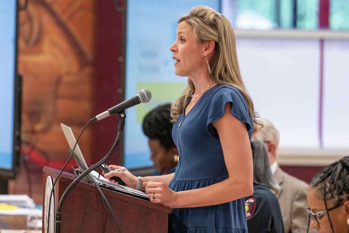 HISD senior staff members sit adjacent to HISD Chief Academic Officer Kristen Hole, as she speaks to Community Advisory Board members regarding a multi billion dollar bond package during a meeting in the south HISD division Thursday, May 30, 2024 at Cornelius Elementary School in Houston.