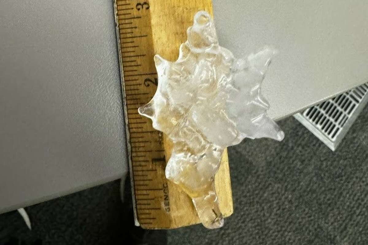 A large chunk of hail found by NWS forecasters near Houston on Friday morning.