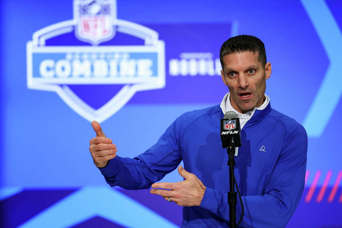 General Manager Nick Caserio of the Houston Texans speaks to the media during the NFL Combine at the Indiana Convention Center on February 28, 2024 in Indianapolis, Indiana.