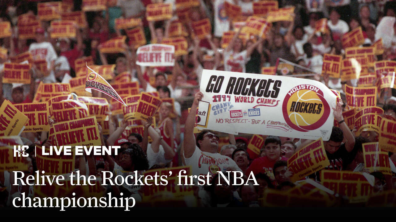 Promotional image for live virtual event celebrating the 30th anniversary of Rockets' first NBA championship