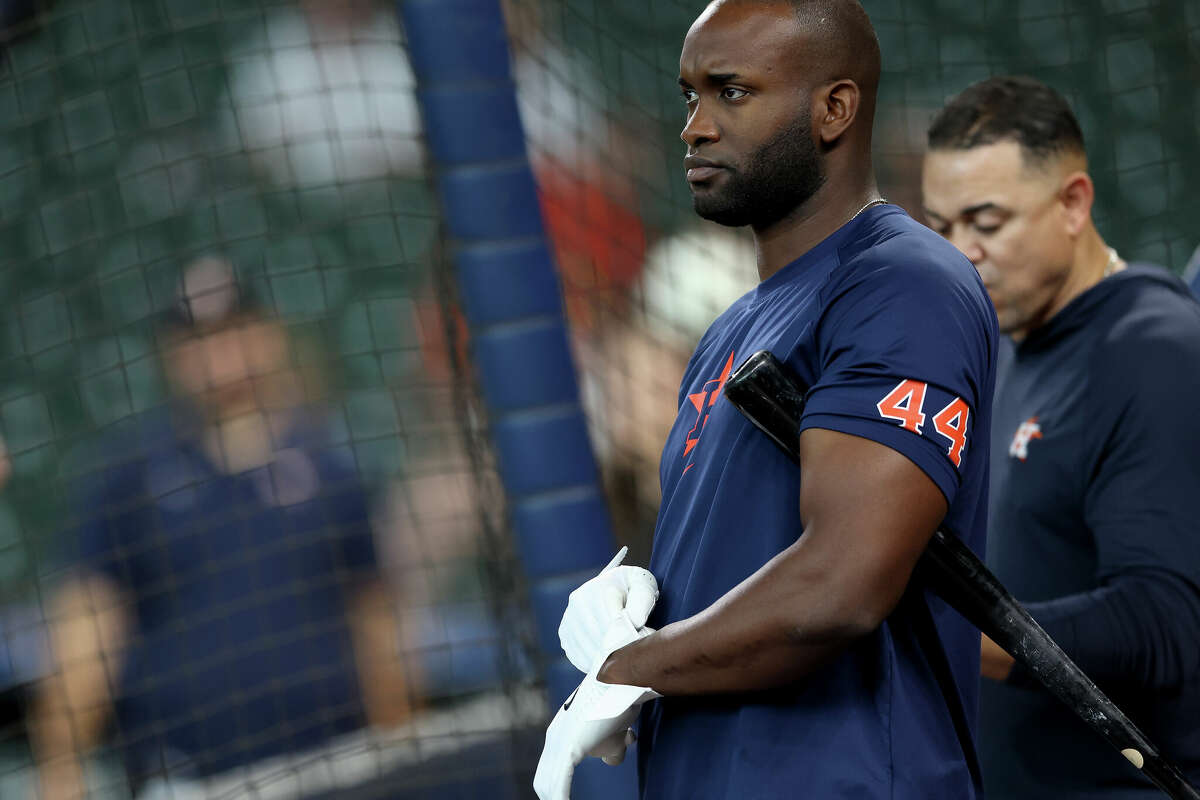 Yordan Alvarez #44 of the Houston Astros takes batting practice before the game against the Milwaukee Brewers at Minute Maid Park on May 18, 2024 in Houston, Texas. 