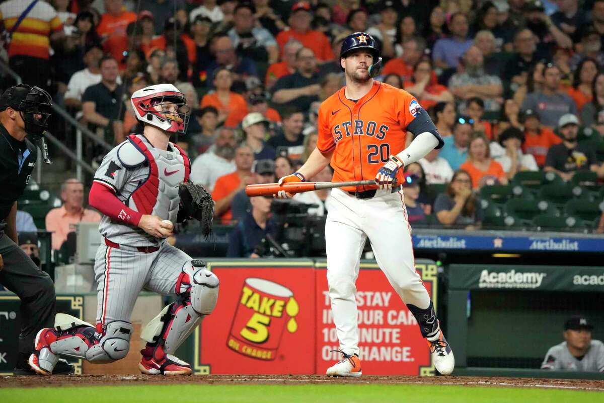 Houston Astros Chas McCormick (20) reacts after striking out during the second inning of an MLB baseball game at Minute Maid Park on Saturday, June 1, 2024, in Houston.