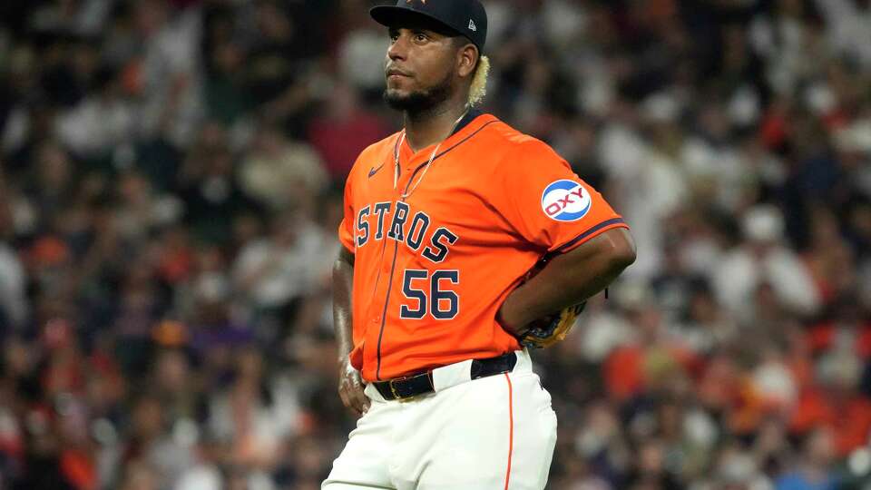 Houston Astros starting pitcher Ronel Blanco (56) reacts after giving up a two run home run to Minnesota Twins Trevor Larnach during the fifth inning of an MLB baseball game at Minute Maid Park on Saturday, June 1, 2024, in Houston.