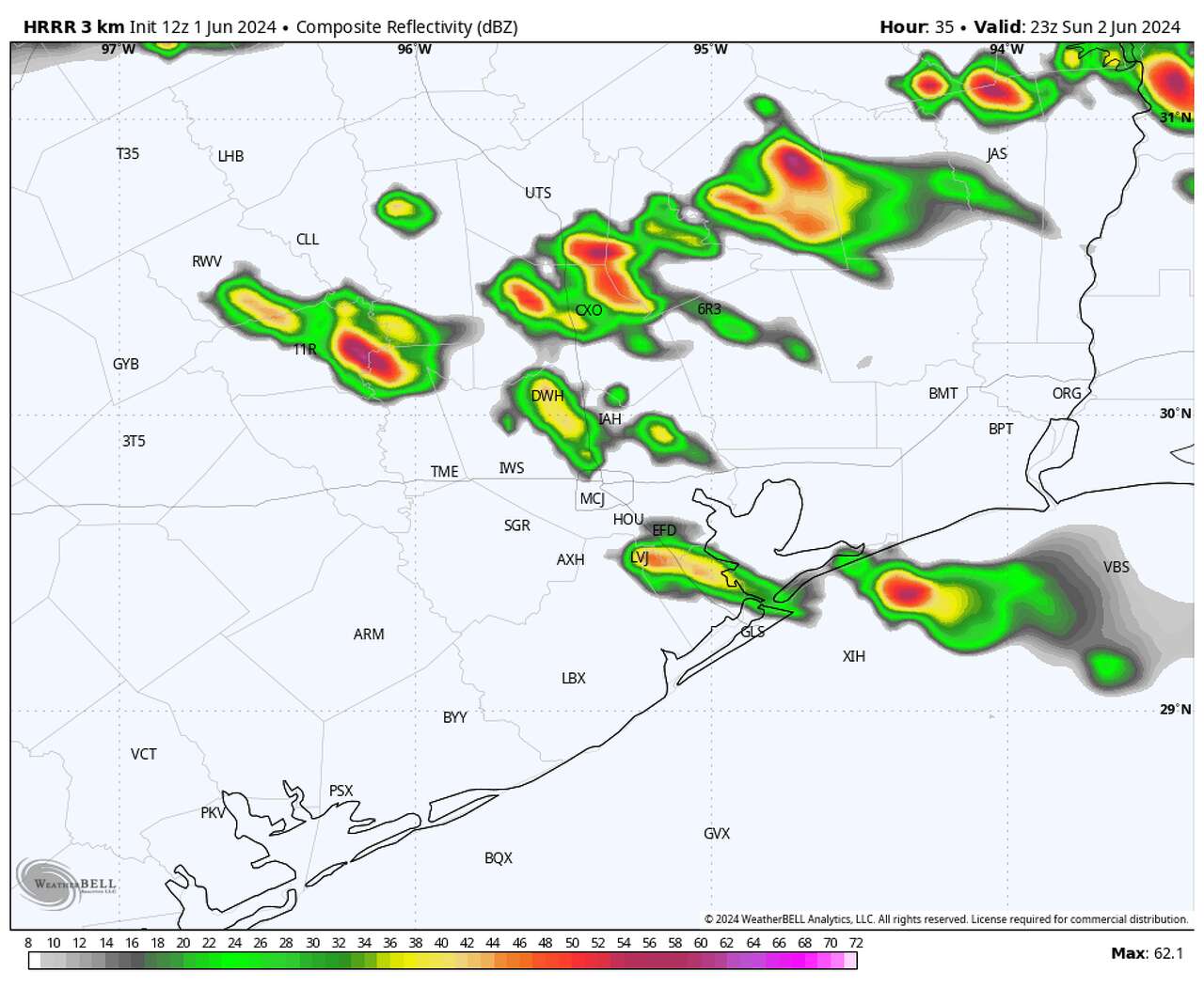 Shown is the future radar at 6 p.m. Sunday in Southeast Texas. scattered thunderstorms are expected.