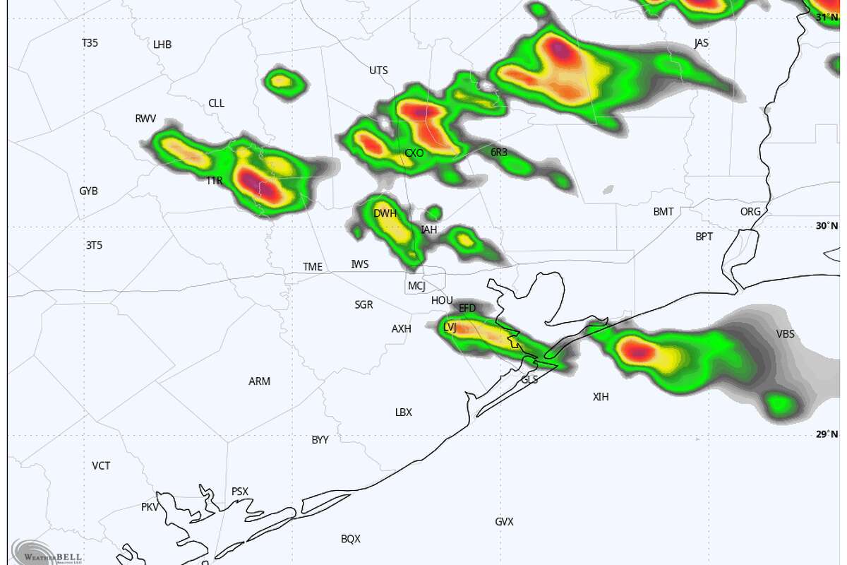 Shown is the future radar at 6 p.m. Sunday in Southeast Texas. scattered thunderstorms are expected.