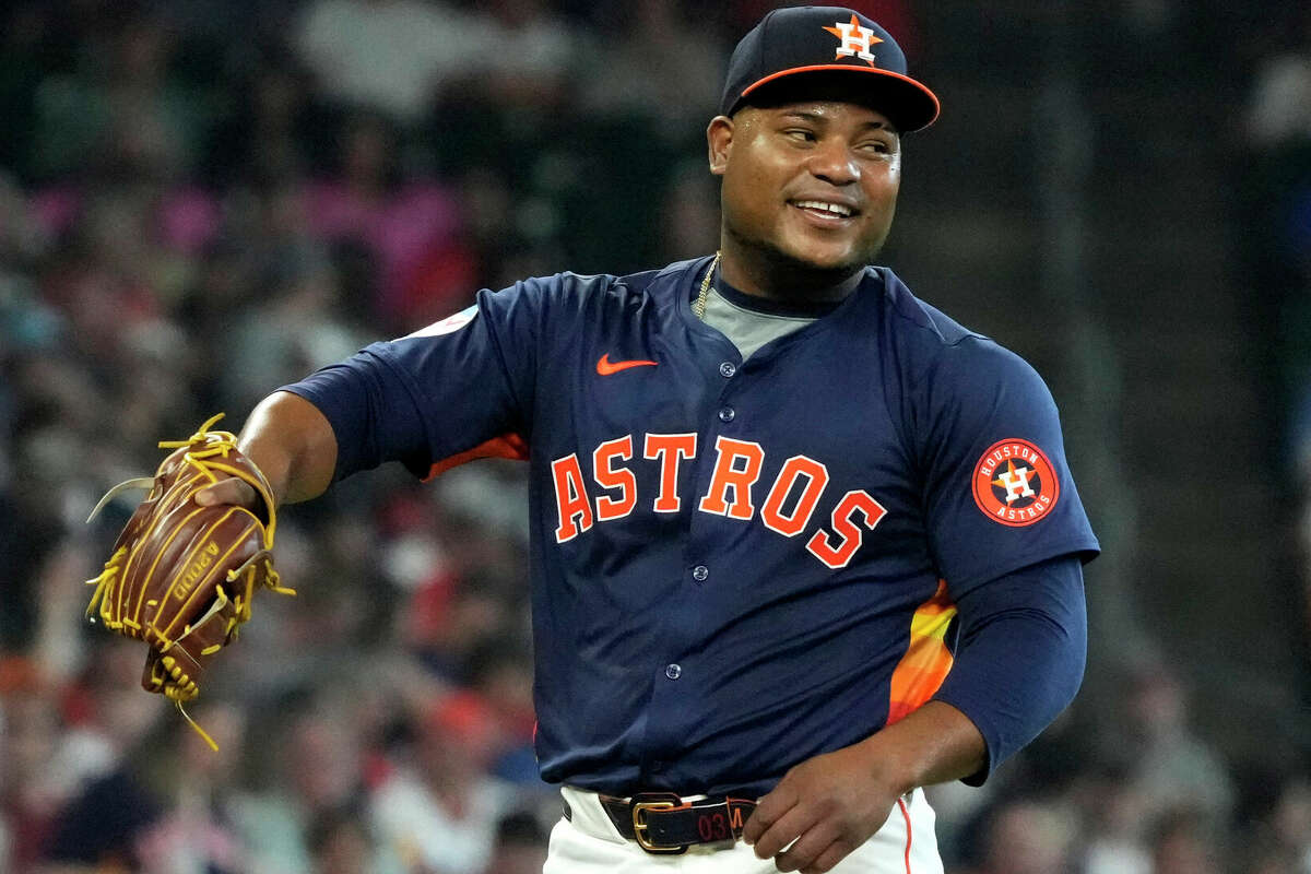 Houston Astros starting pitcher Framber Valdez (59) reacts as he faced Minnesota Twins' Willi Castro during the second inning of an MLB baseball game at Minute Maid Park on Saturday, June 1, 2024, in Houston.