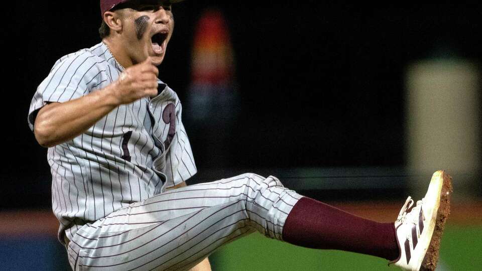 Pearland starting pitcher Nico Partida (1) reacts after striking out Cy-Fair's Bo Caraway for the final out of the seventh inning to take a 5-1 win in Game 3 during a Region III-6A championship series at Constellation Field, Saturday, June 1, 2024, in Houston. Pearland advanced to next week's UIL State Baseball Tournament.