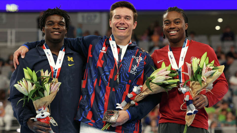 All around winners Fred Richard, Brody Malone and Khoi Young pose after the 2024 Xfinity U.S. Gymnastics Championships at Dickies Arena on June 01, 2024 in Fort Worth, Texas. (Photo by Elsa/Getty Images)