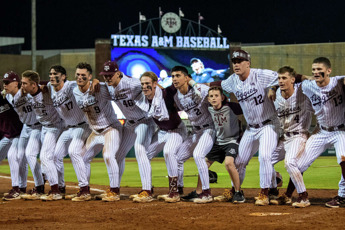 The Texas A&M baseball team sings the Aggie War Hymn after the walk-off win in game one of the series between Arkansas and Texas A&M on Thursday, May 16, 2024 at Blue Bell Park in College Station. (Meredith Seaver/College Station Eagle via AP)