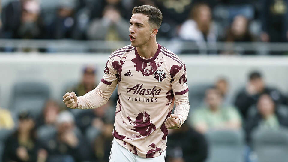 Nathan Fogaca #99 celebrates after scoring during a game between the Portland Timbers and the Los Angeles Football Club at BMO Stadium on March 04, 2023 in Los Angeles, California. (Photo by Michael Owens/Getty Images)