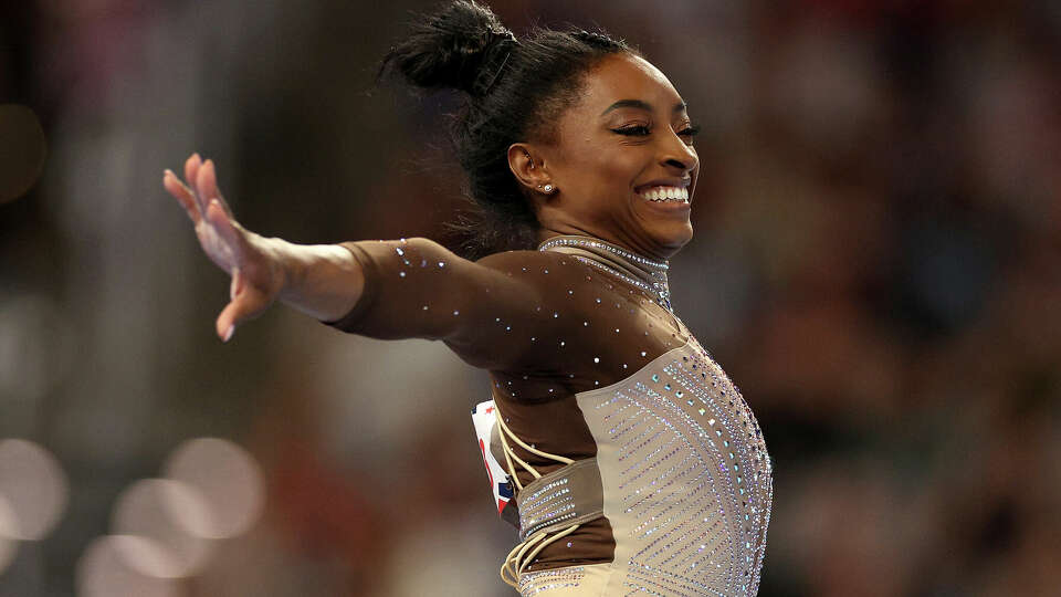 Simone Biles competes in the floor exercise during the 2024 Xfinity U.S. Gymnastics Championships at Dickies Arena on June 02, 2024 in Fort Worth, Texas. (Photo by Elsa/Getty Images)