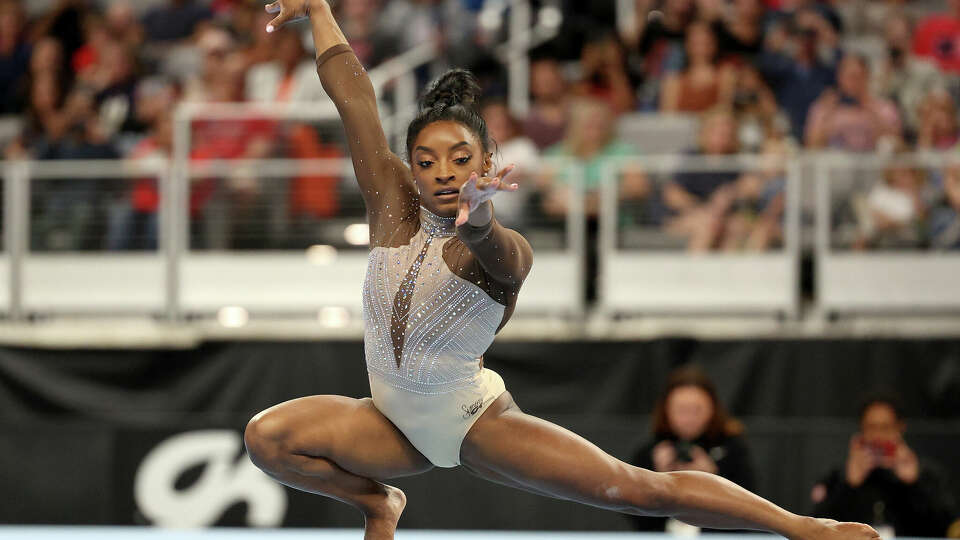 Simone Biles competes in the floor exercise during the 2024 Xfinity U.S. Gymnastics Championships at Dickies Arena on June 02, 2024 in Fort Worth, Texas. (Photo by Elsa/Getty Images)