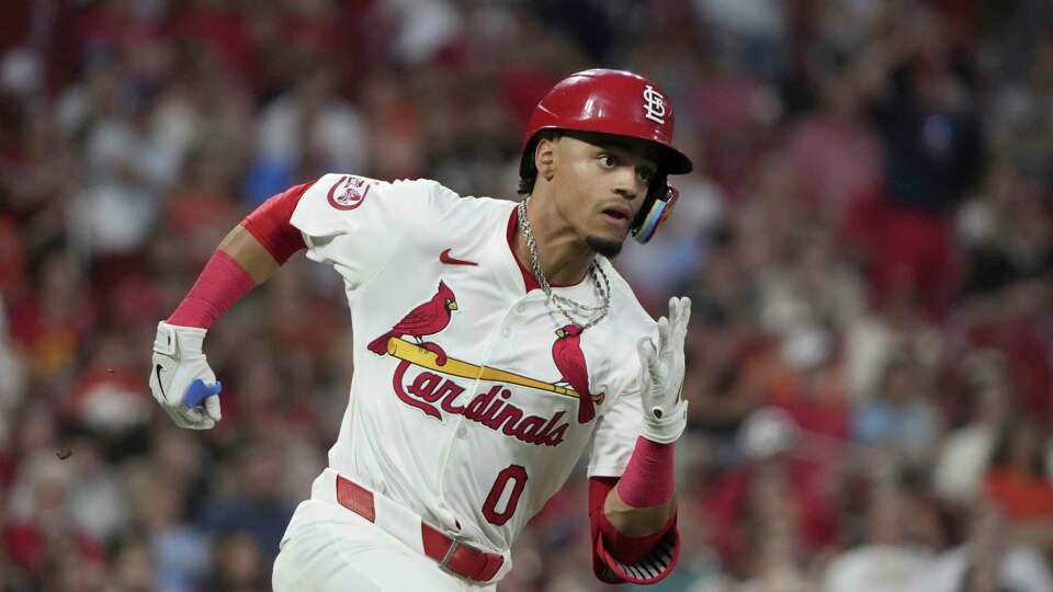 St. Louis Cardinals' Masyn Winn doubles during the fourth inning of a baseball game against the Baltimore Orioles Tuesday, May 21, 2024, in St. Louis. (AP Photo/Jeff Roberson)