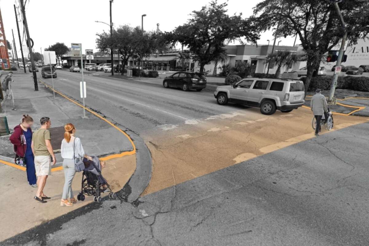 The image shows a rendering of W Alabama Street in Houston. Montrose TIRZ has been working with the city, and Upper Kirby TIRZ to work on specific parts of the major city artery for years, but the Mayor's new Vision Zero Action Plan necessitated major design changes.