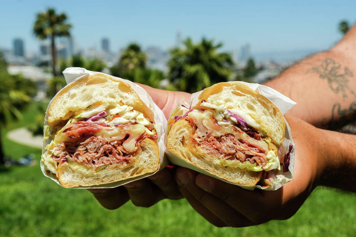 The Dr. Pickle sandwiche from Turner’s Kitchen, a neighborhood, takeout-only, sandwich shop in the Mission District, is ready to be eaten at Dolores Park on Friday, May 31, 2024.